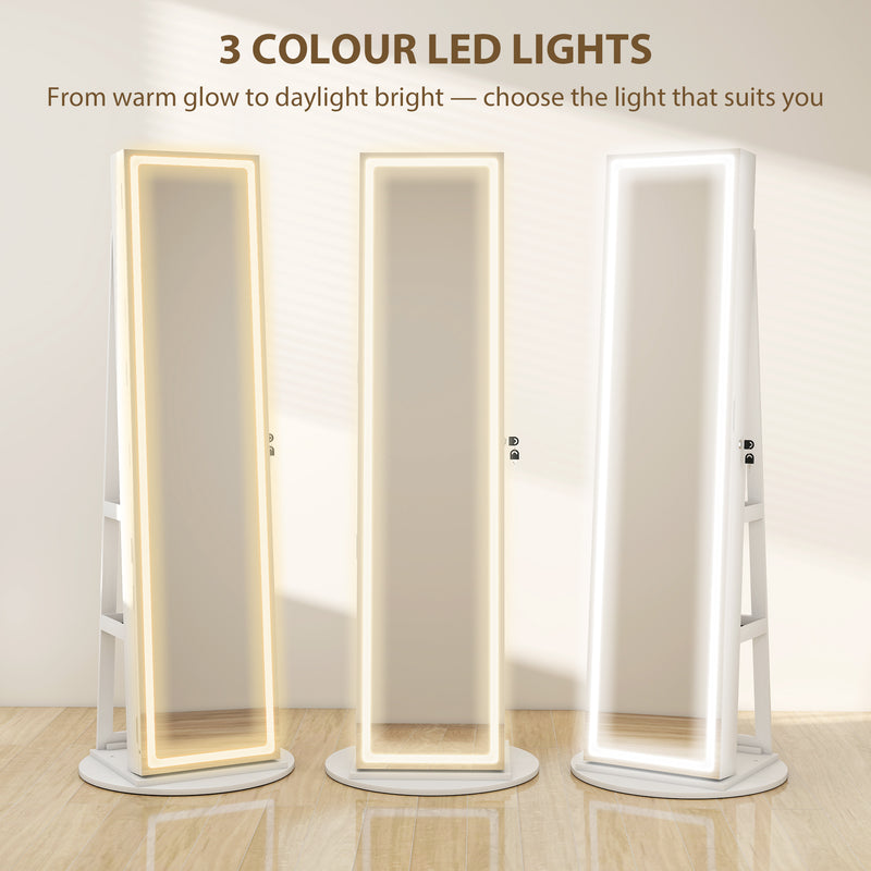 Free Standing Full Length Mirror Jewellery Armoire With LED Lights And Lockable Jewellery Storage White