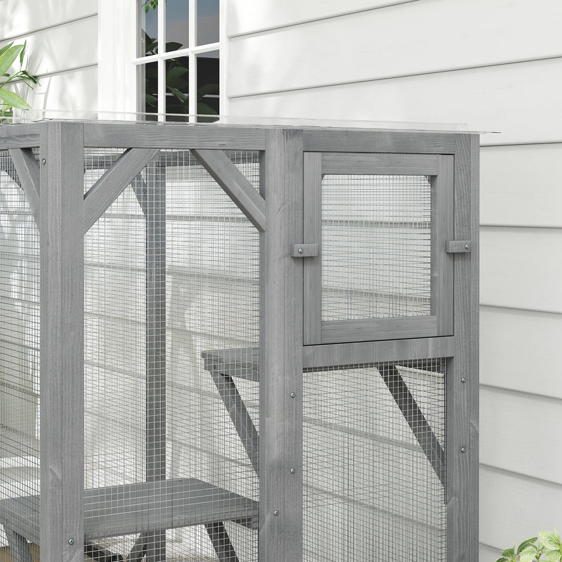 Grey Wooden Outdoor Cat House With Large Door, Platforms and Weatherproof Roof by PawHut