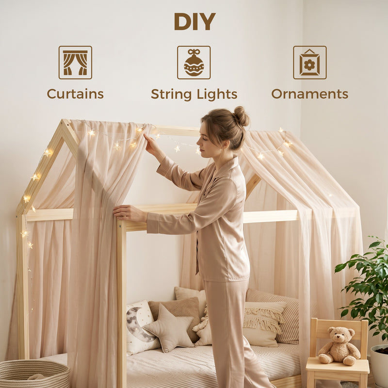 Kids Wooden House Bed Frame for Cosy and Fun Bedtime Single Size Natural Wood Finish