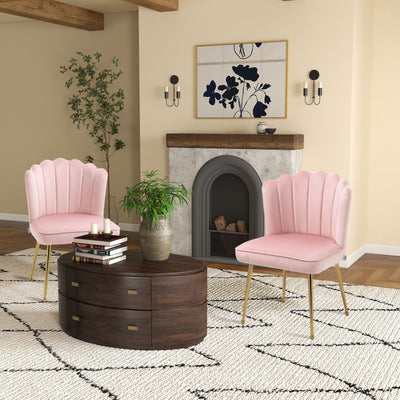 Set of 2 Velvet Shell Dining Chairs with Gold Legs for Kitchen or Lounge Pink