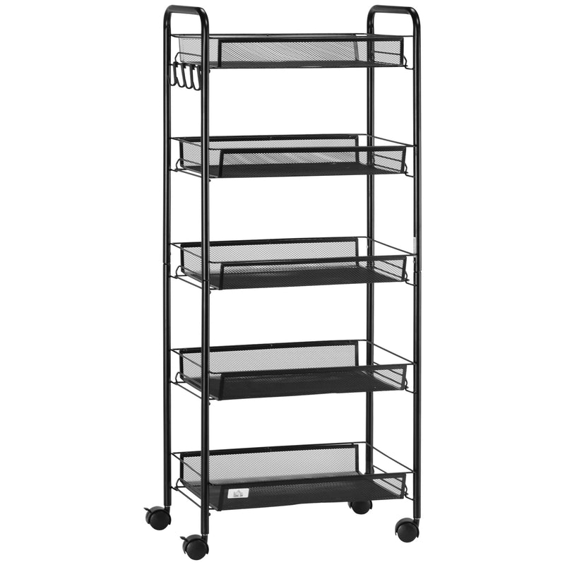 5 Tier Steel Mesh Storage Trolley with Wheels for Home or Office Organisation Black