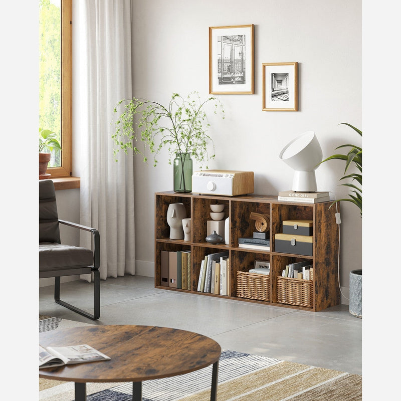 Rustic brown 8-cube bookcase used as a low room divider in a living room