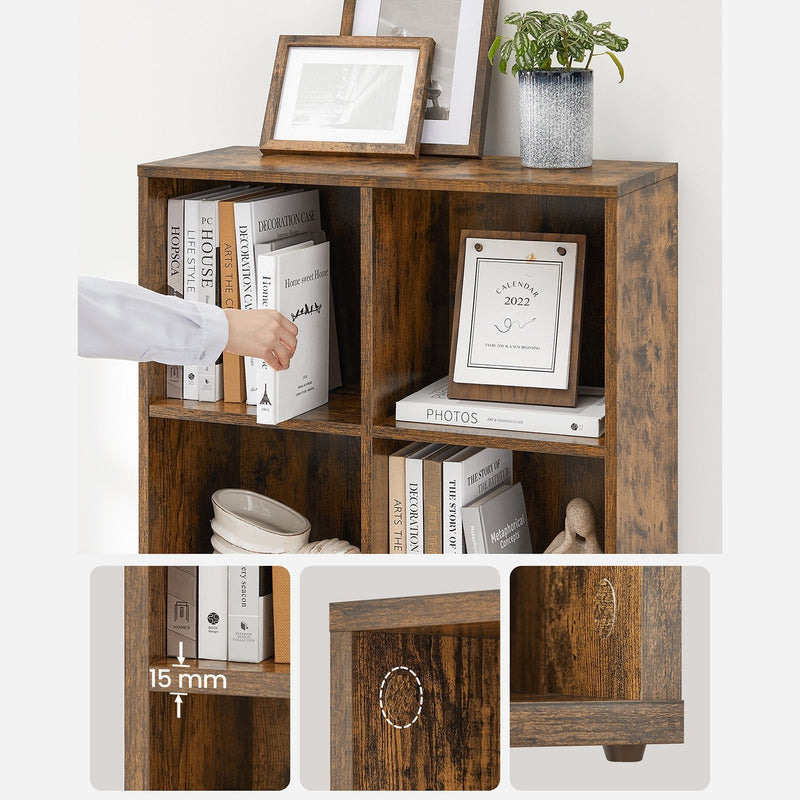 Close-up of the bookcase's 15 mm shelf thickness, cam-lock fitting and adjustable foot