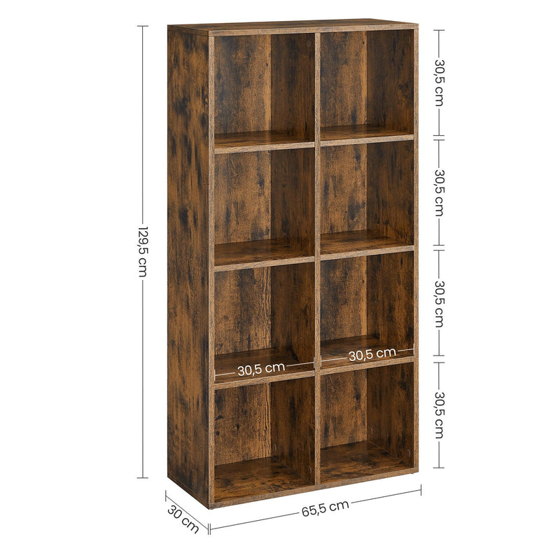 Dimensions diagram showing the bookcase at 65.5 x 30 x 128.6 cm with 30.5 cm cube compartments