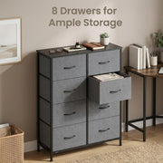 8-drawer chest in a home office with one grey fabric drawer pulled open