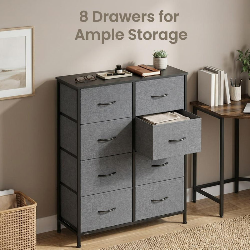 8-drawer chest in a home office with one grey fabric drawer pulled open