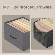 Comparison of an MDF-reinforced grey drawer holding its shape against a sagging drawer