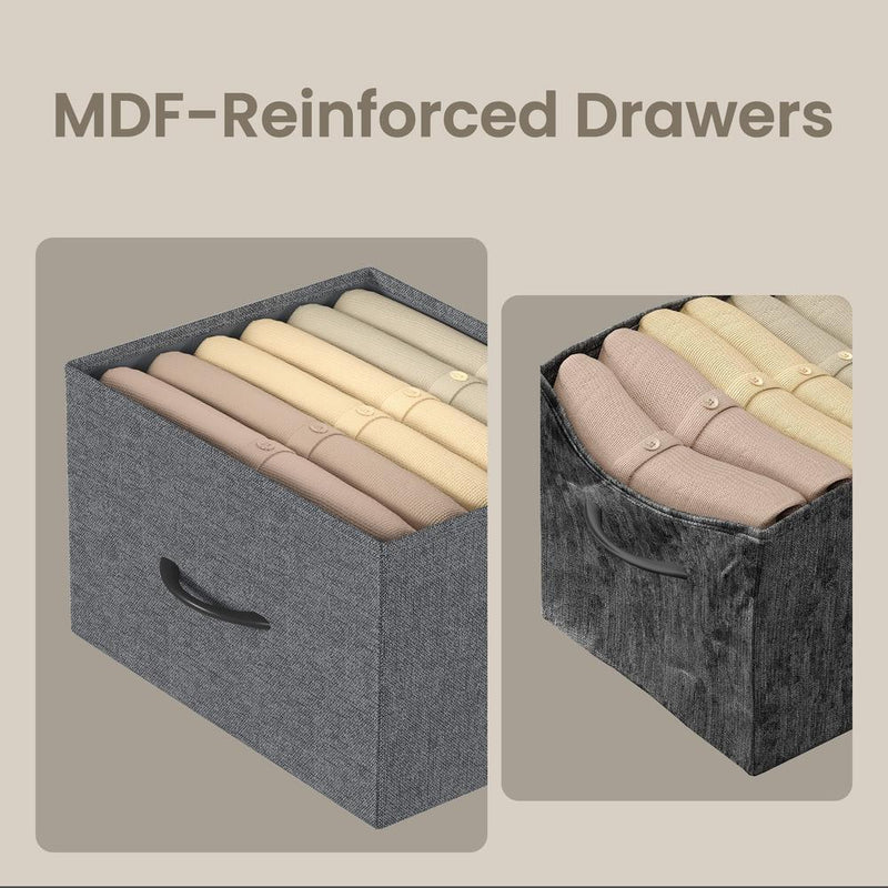 Comparison of an MDF-reinforced grey drawer holding its shape against a sagging drawer