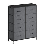 Studio photo of the slate grey 8-drawer chest with a black board top and steel frame