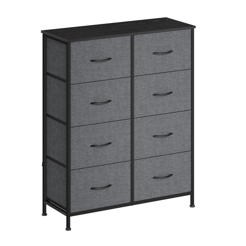 Studio photo of the slate grey 8-drawer chest with a black board top and steel frame