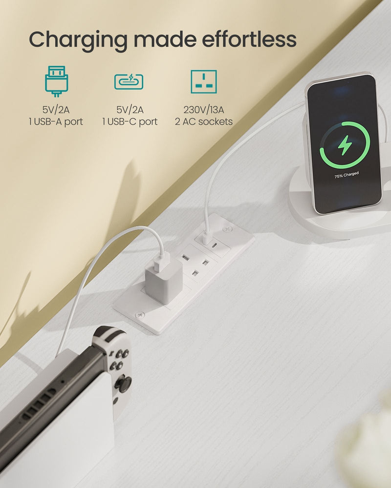 Close-up of the USB-A port, USB-C port and 2 AC sockets in the top of the chest of drawers