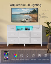 Cloud white chest of drawers with LED shelf light, app control and mode icons