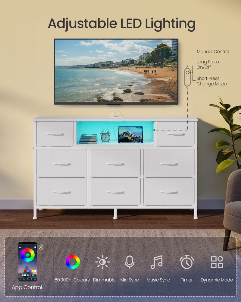 Cloud white chest of drawers with LED shelf light, app control and mode icons
