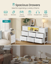 8 spacious drawers holding books, blankets, games and clothes, shown with and without the cloud white chest
