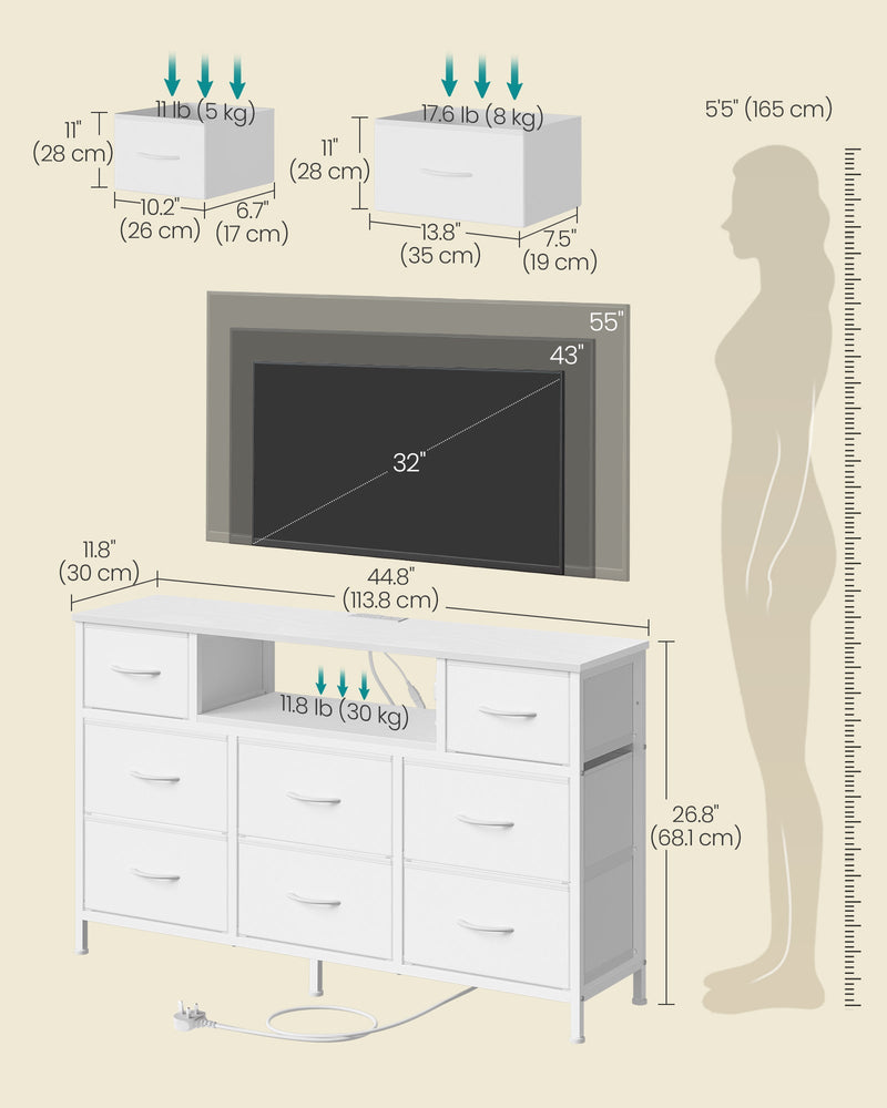 Dimensions diagram showing 113.8 cm width, 30 cm depth, 68.1 cm height and drawer load limits