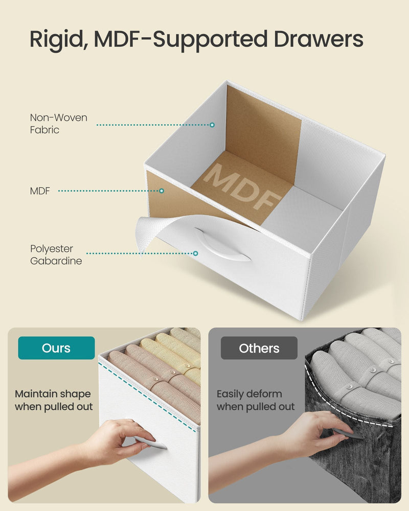Cutaway of an MDF-supported fabric drawer compared with a drawer that loses its shape