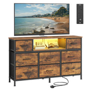 Rustic brown 8-drawer fabric chest of drawers with LED shelf light and TV on top, studio shot with UK plug