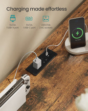 Close-up of the USB-A port, USB-C port and 2 AC sockets in the top of the chest of drawers