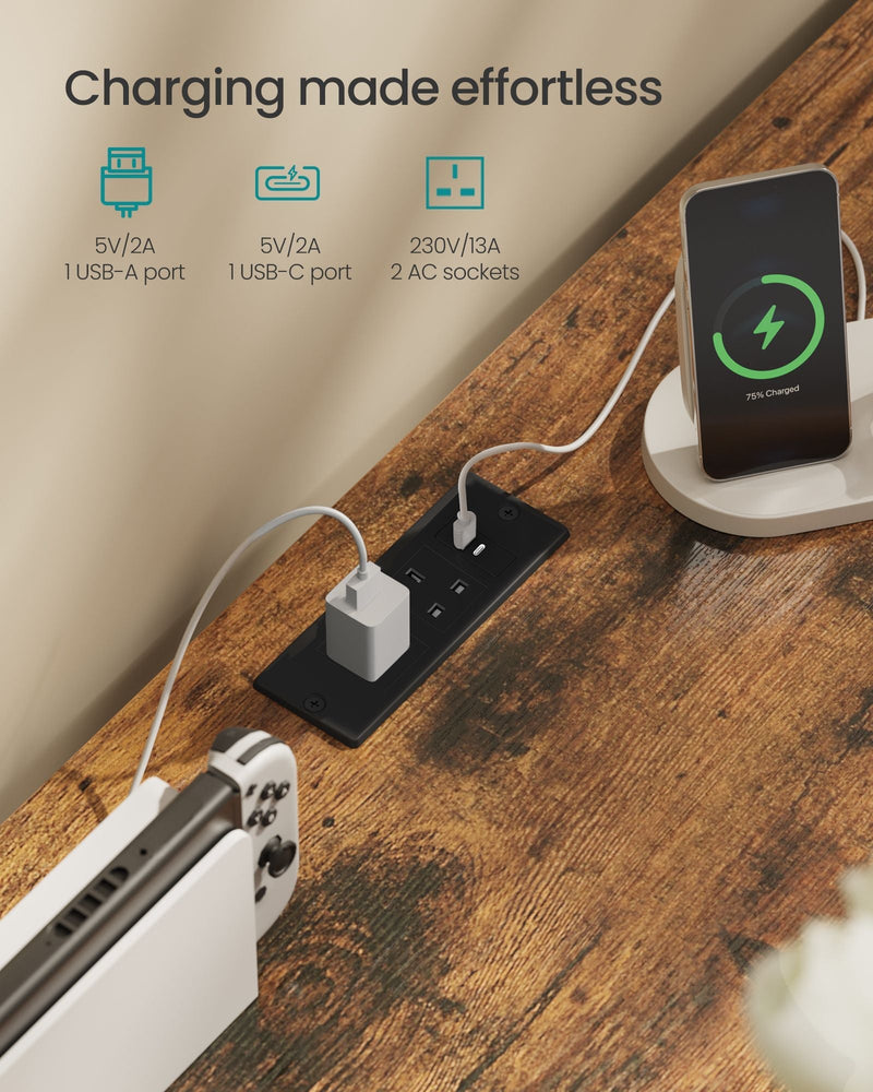Close-up of the USB-A port, USB-C port and 2 AC sockets in the top of the chest of drawers