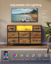 Rustic brown chest of drawers with LED shelf light, app control and mode icons