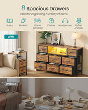 8 spacious drawers holding books, blankets, games and clothes, shown with and without the rustic brown chest