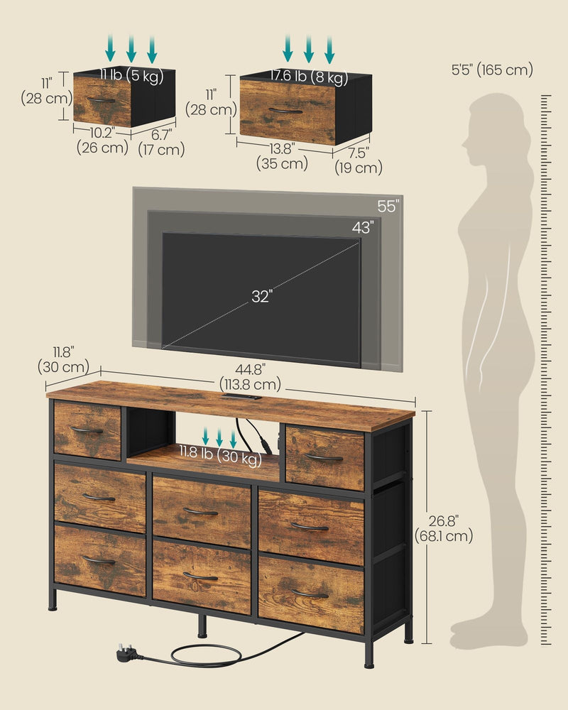 Dimensions diagram showing 113.8 cm width, 30 cm depth, 68.1 cm height and drawer load limits