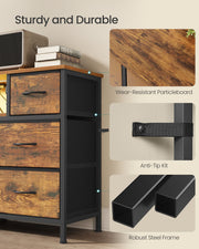 Close-ups of the particleboard top, anti-tip kit strap and steel frame legs