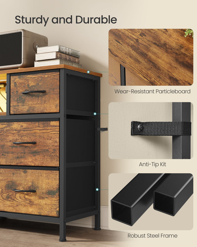 Close-ups of the particleboard top, anti-tip kit strap and steel frame legs