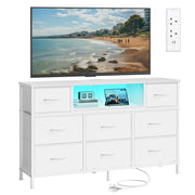 Cloud white 8-drawer fabric chest of drawers with LED shelf light and TV on top, studio shot with UK plug