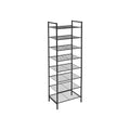 Black 8-tier slim shoe rack with open wire shelves, shown empty on a white background