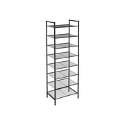 Black 8-tier slim shoe rack with open wire shelves, shown empty on a white background