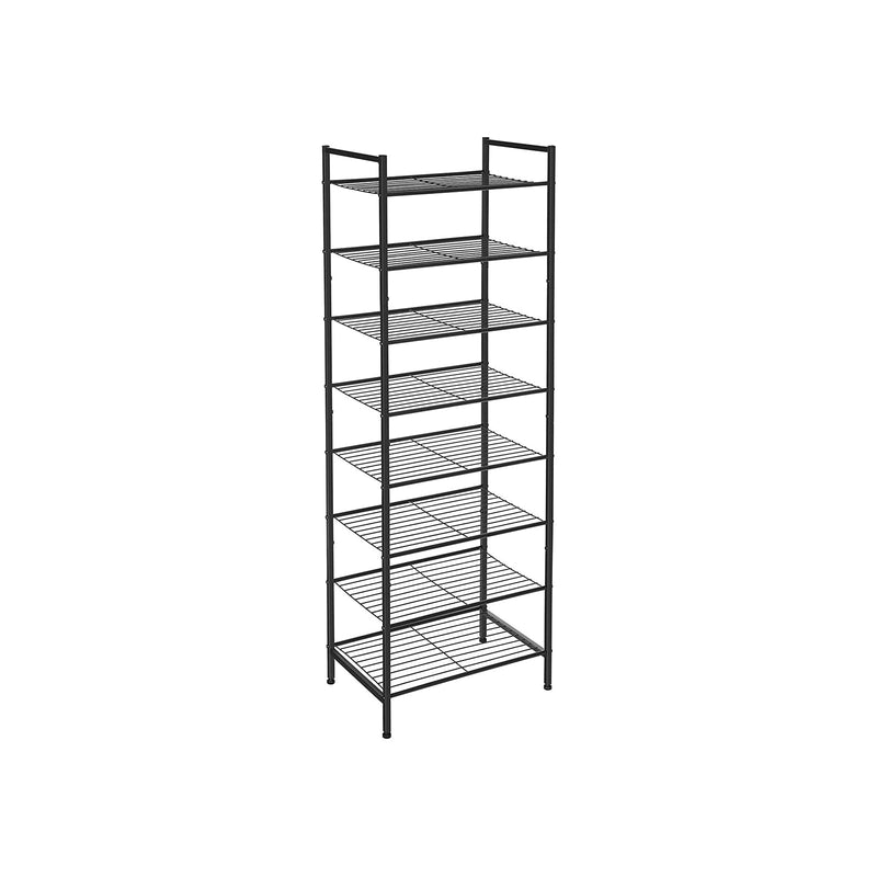 Black 8-tier slim shoe rack with open wire shelves, shown empty on a white background