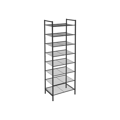 Black 8-tier slim shoe rack with open wire shelves, shown empty on a white background