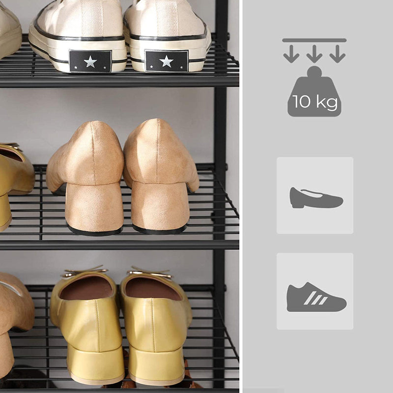 Three loaded shelves shown beside icons for a 10 kg shelf load, flat shoes and trainers