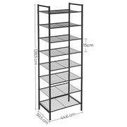 Dimensions diagram of the shoe rack: 128.5 cm high, 44.6 cm wide, 30.5 cm deep, with 15 cm between tiers