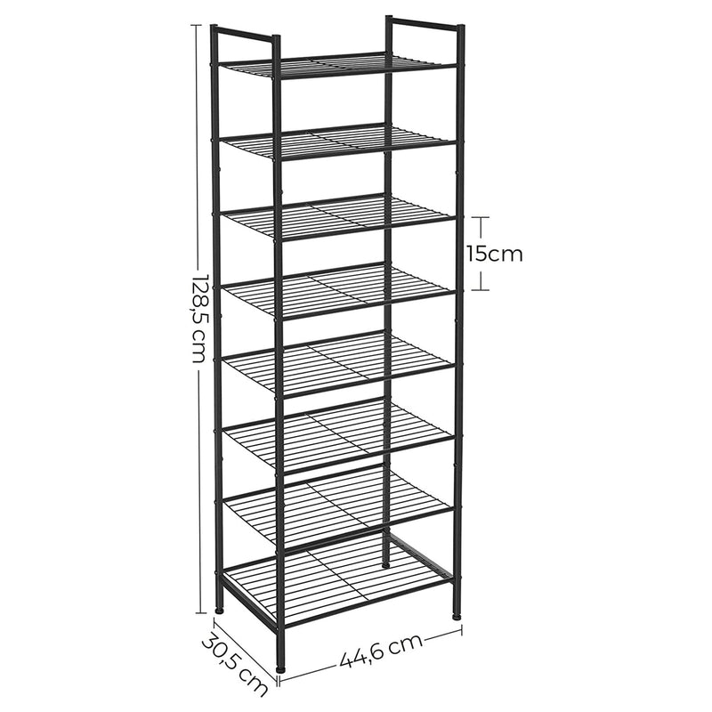 Dimensions diagram of the shoe rack: 128.5 cm high, 44.6 cm wide, 30.5 cm deep, with 15 cm between tiers