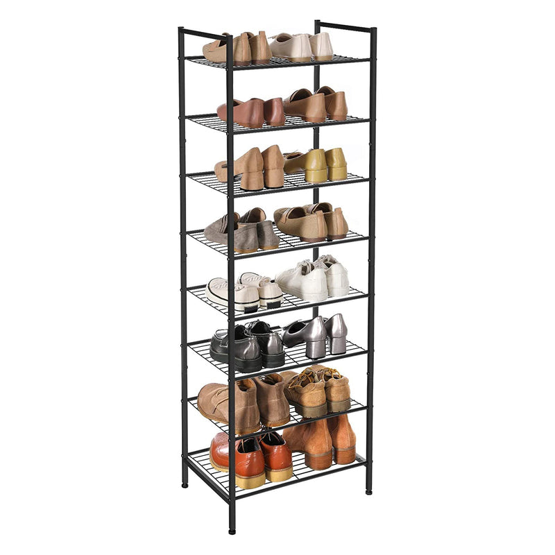 The shoe rack fully loaded with 24 pairs of shoes, boots and heels on a white background
