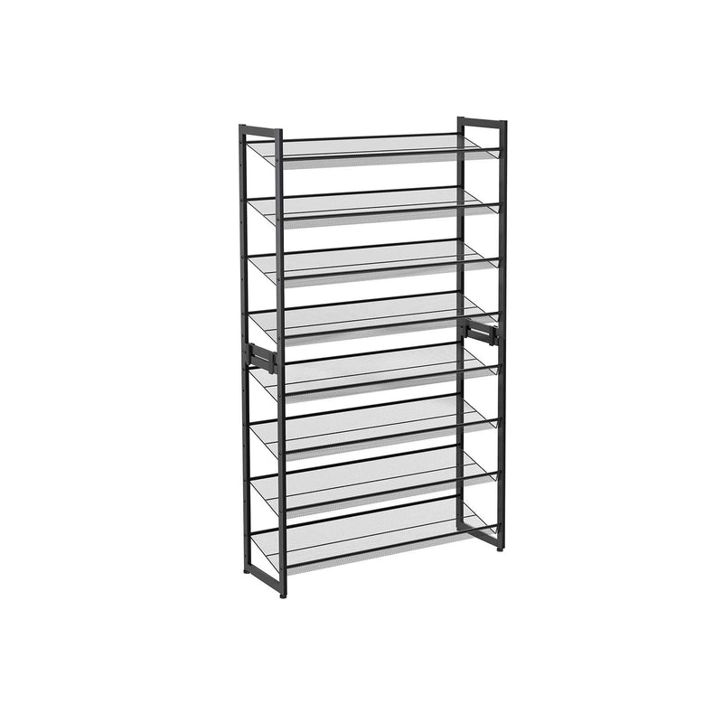 Black 8 tier stackable metal shoe rack, two 4 tier racks stacked into one tower on a white background