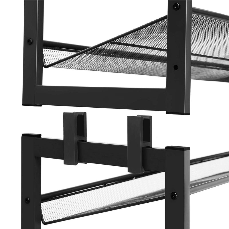 Close up of the angled mesh shelf and the black connectors that clip the two shoe racks together