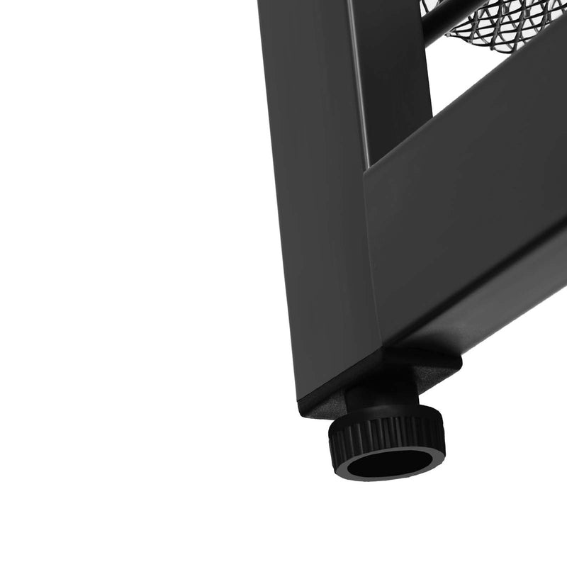 Close up of the adjustable levelling foot at the base of the black metal shoe rack frame