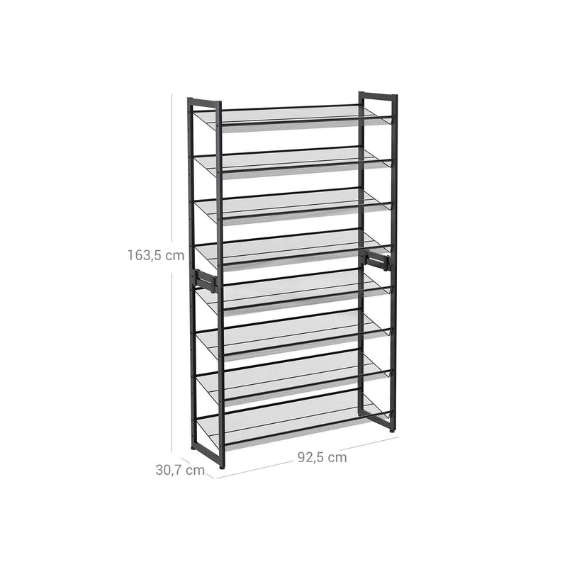 Dimension diagram of the stacked 8 tier shoe rack showing 92.5 cm wide, 30.7 cm deep and 163.5 cm tall