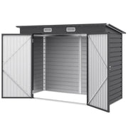 Image of a dark grey 8x4 metal garden tool storage shed with a pent roof