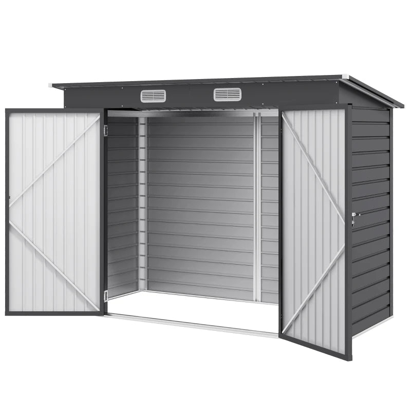 Image of a dark grey 8x4 metal garden tool storage shed with a pent roof