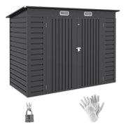 Image of a dark grey 8x4 metal garden tool storage shed with a pent roof