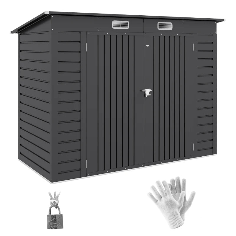 Image of a dark grey 8x4 metal garden tool storage shed with a pent roof