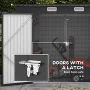 Image of a dark grey 8x4 metal garden tool storage shed with a pent roof