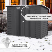 Image of a dark grey 8x4 metal garden tool storage shed with a pent roof