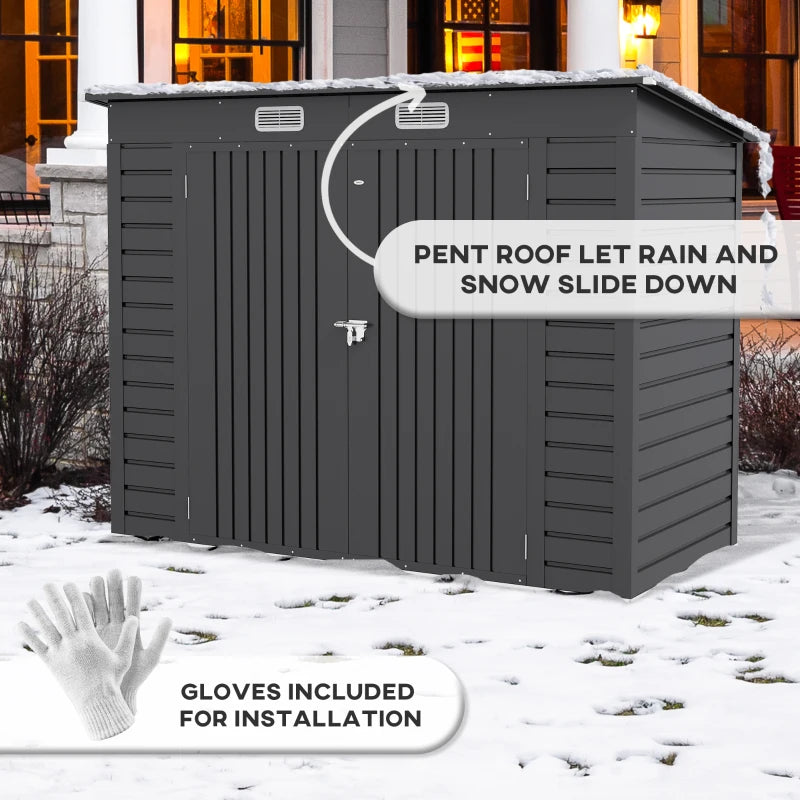 Image of a dark grey 8x4 metal garden tool storage shed with a pent roof