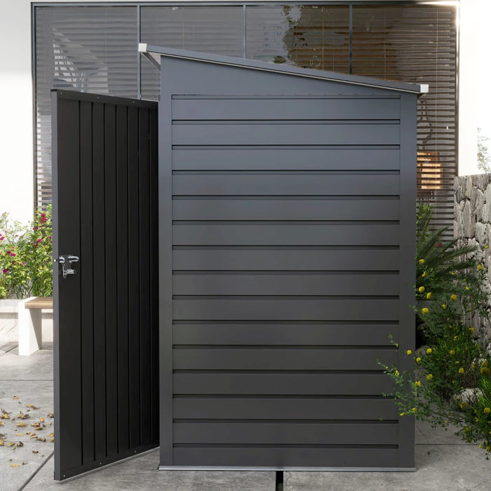 Image of a dark grey 8x4 metal garden tool storage shed with a pent roof
