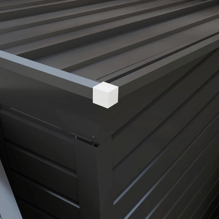 Image of a dark grey 8x4 metal garden tool storage shed with a pent roof
